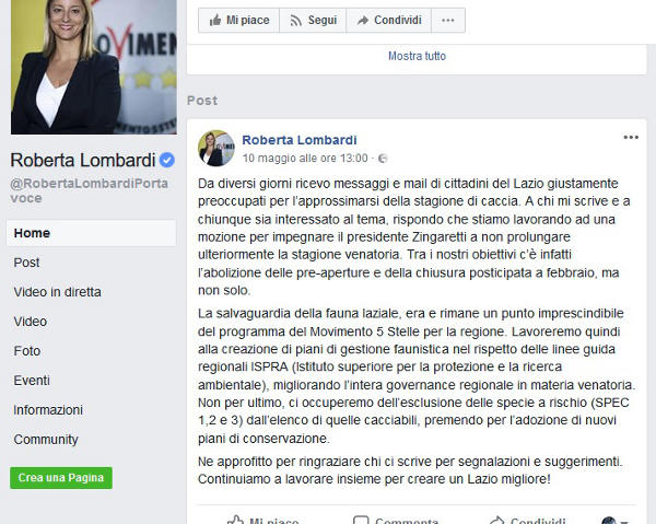 Roberta Lombardi Contro Caccia Lazio